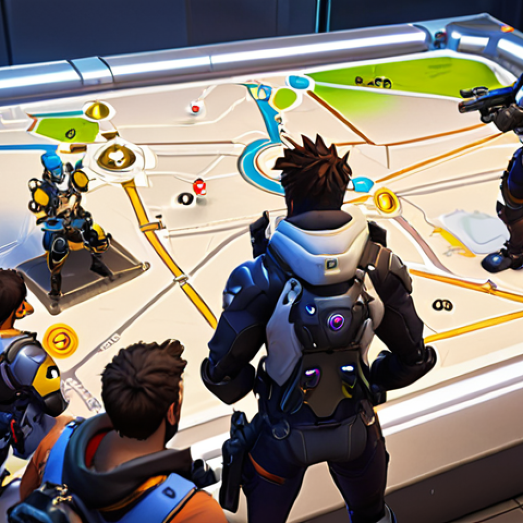 **

> An Overwatch 2 team strategizing on a newly updated map, highlighting strategic points and flanking routes, with diverse hero compositions visible. Focus on the tactical aspects and teamwork.

**