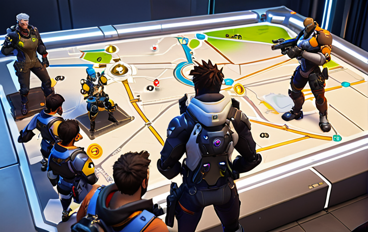 **
> An Overwatch 2 team strategizing on a newly updated map, highlighting strategic points and flanking routes, with diverse hero compositions visible. Focus on the tactical aspects and teamwork.
**