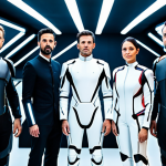 A diverse group of individuals, each fully clothed in distinct, high-quality, professional attire that subtly tells a story through its design. One might wear a bold, futuristic uniform, another an elegant, strategic-looking outfit, and a third a robust, protective suit. They are standing in a sleek, brightly lit futuristic exhibition hall, posed naturally, showcasing their unique styles. Perfect anatomy, correct proportions, well-formed hands, proper finger count. Professional photography, high detail, cinematic lighting. Safe for work, appropriate content, fully clothed, professional dress.
