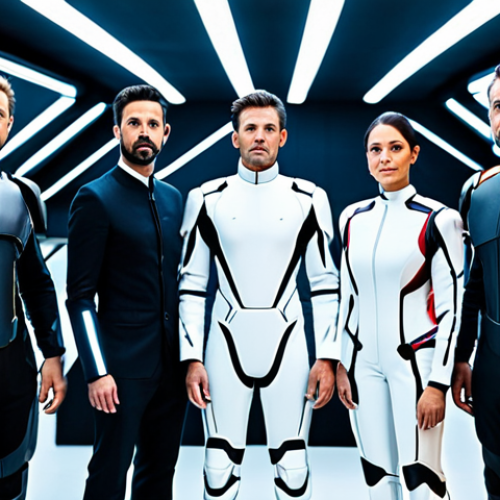 A diverse group of individuals, each fully clothed in distinct, high-quality, professional attire that subtly tells a story through its design. One might wear a bold, futuristic uniform, another an elegant, strategic-looking outfit, and a third a robust, protective suit. They are standing in a sleek, brightly lit futuristic exhibition hall, posed naturally, showcasing their unique styles. Perfect anatomy, correct proportions, well-formed hands, proper finger count. Professional photography, high detail, cinematic lighting. Safe for work, appropriate content, fully clothed, professional dress.