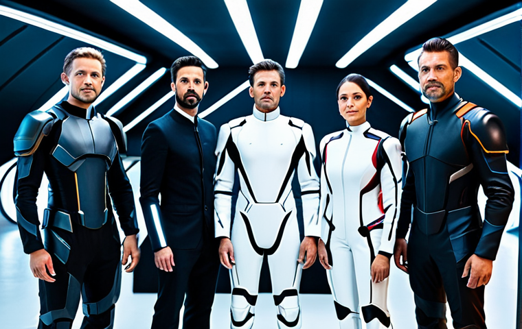 A diverse group of individuals, each fully clothed in distinct, high-quality, professional attire that subtly tells a story through its design. One might wear a bold, futuristic uniform, another an elegant, strategic-looking outfit, and a third a robust, protective suit. They are standing in a sleek, brightly lit futuristic exhibition hall, posed naturally, showcasing their unique styles. Perfect anatomy, correct proportions, well-formed hands, proper finger count. Professional photography, high detail, cinematic lighting. Safe for work, appropriate content, fully clothed, professional dress.