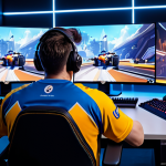 오버워치2 한국 리그 성적 순위 - "Professional Overwatch 2 gamer in a fully clothed team jersey, sitting at a gaming station with mul...