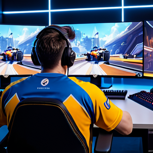 오버워치2 한국 리그 성적 순위 - "Professional Overwatch 2 gamer in a fully clothed team jersey, sitting at a gaming station with mul...