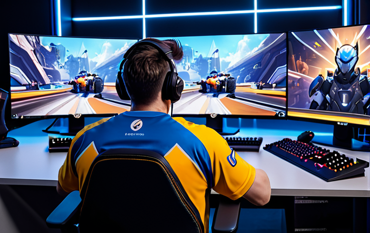 오버워치2 한국 리그 성적 순위 - "Professional Overwatch 2 gamer in a fully clothed team jersey, sitting at a gaming station with mul...